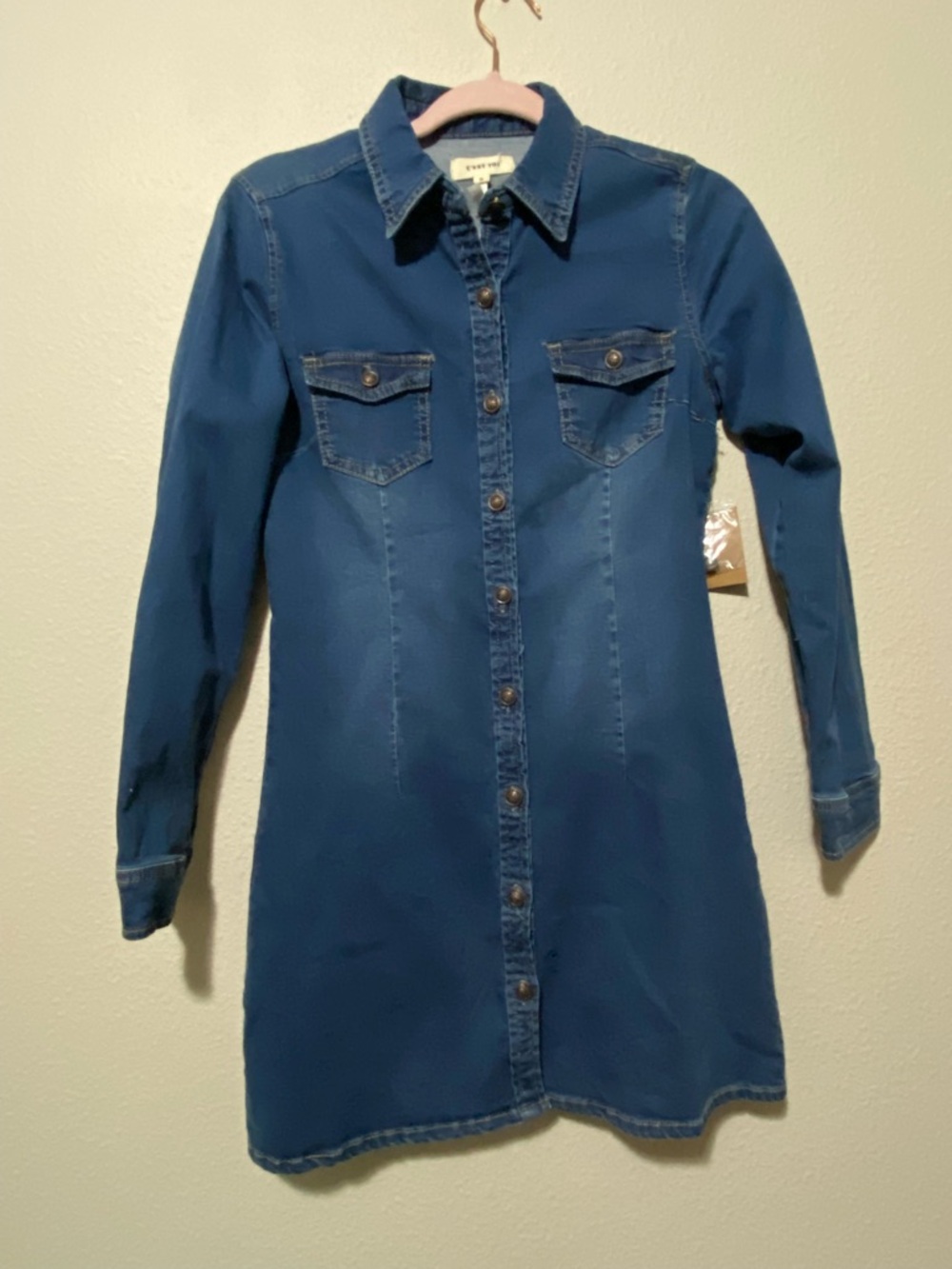Denim Shirt Dress - Dark Blue Button-Front